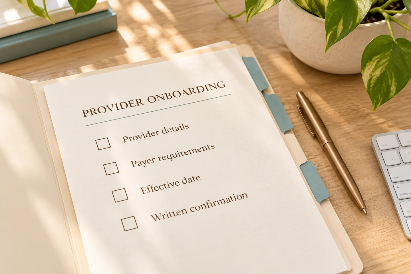 Illustrative provider onboarding checklist covering provider details, payer requirements, effective date, and written confirmation