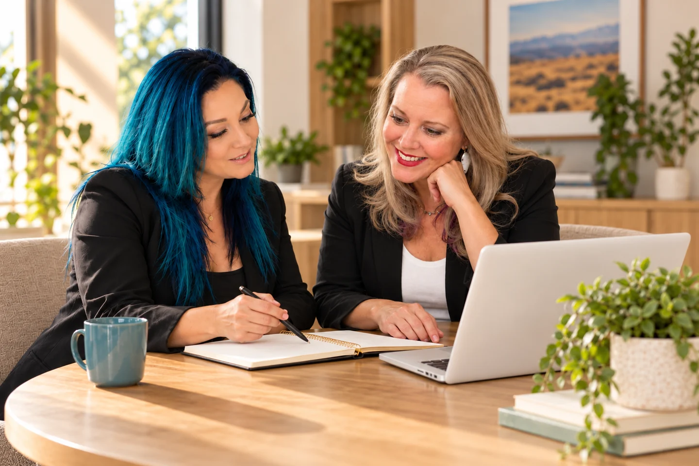 Two Paragon team members comparing notes beside a white laptop in a warm, light-filled office