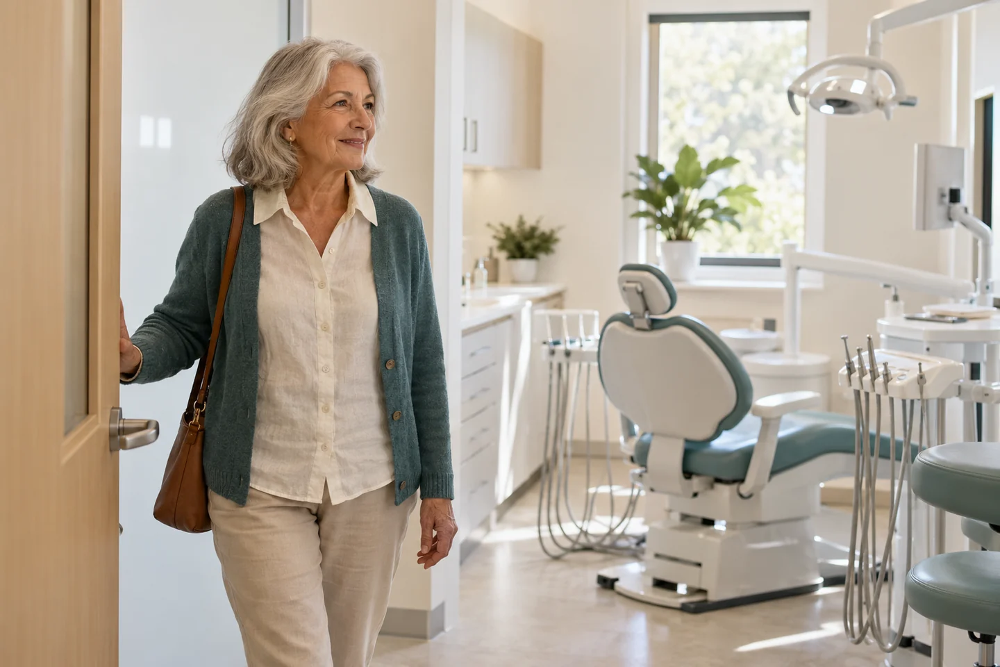 Illustrative older patient arriving at a bright dental operatory with cream finishes and a muted teal chair
