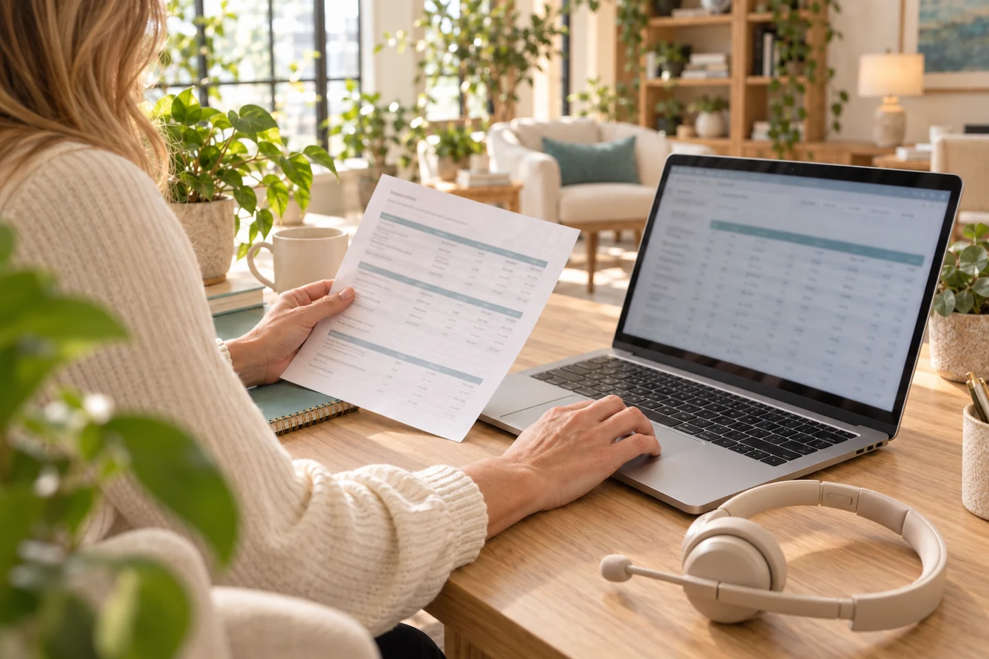 Hands comparing benefit information beside a laptop and office headset