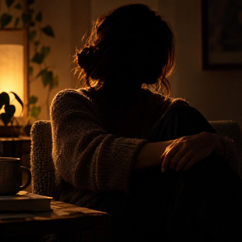 An anonymous person seen from behind in warm window light; representative imagery