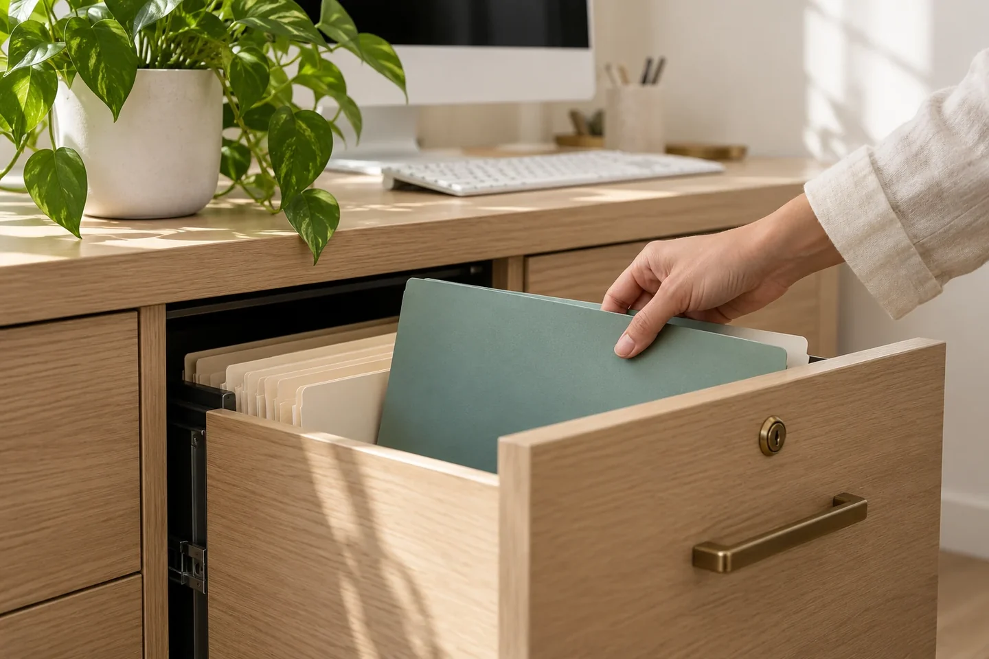 A hand placing a teal document folder into a locking pale oak filing drawer beside a white keyboard and green plant.