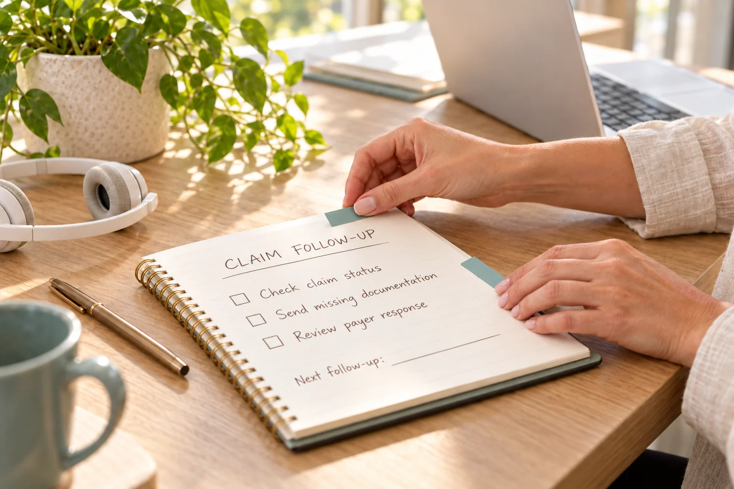 Illustrative close-up of a Claim Follow-Up checklist for checking status, sending documentation, and reviewing payer responses, beside a white headset and greenery