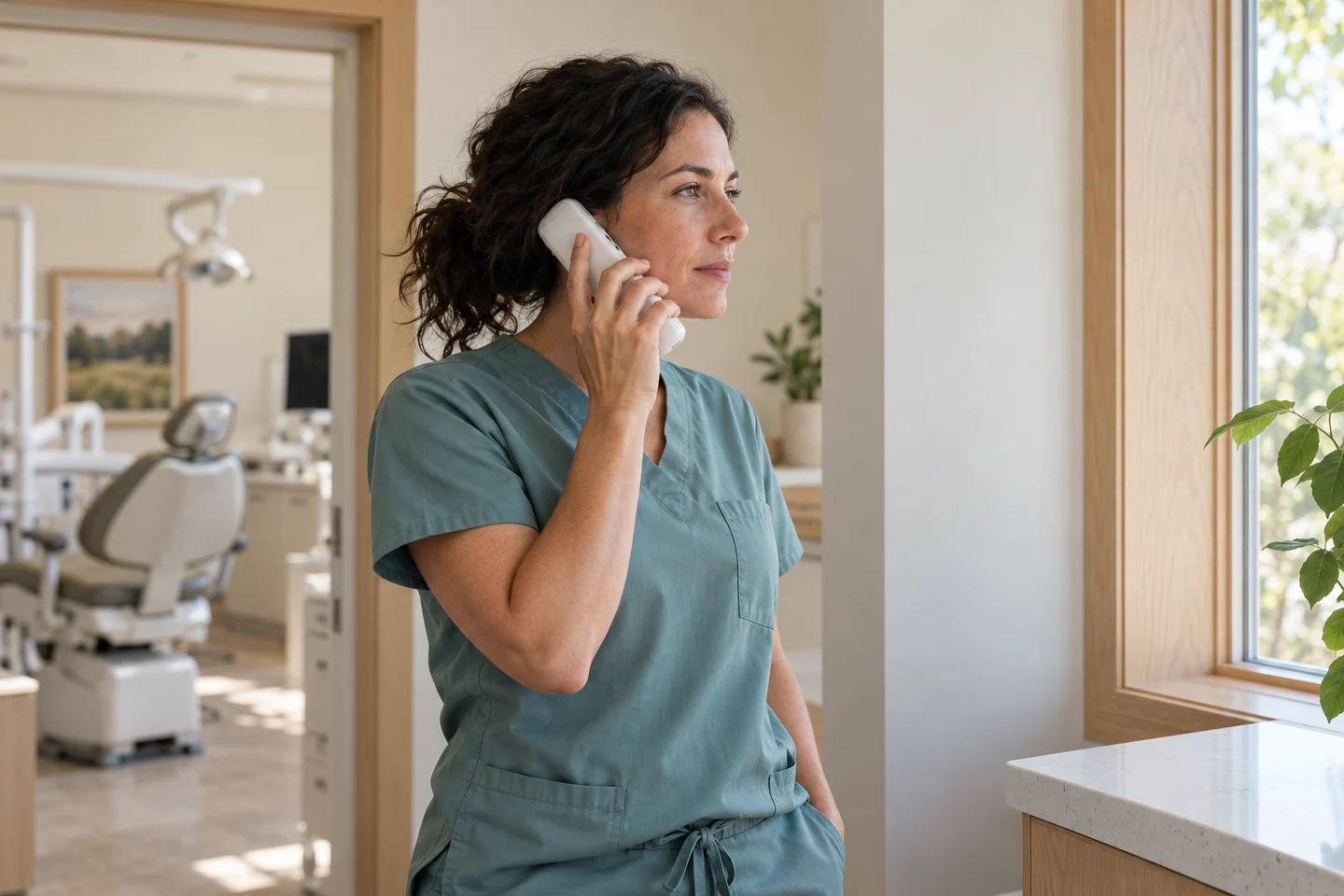 Illustrative dentist speaking by telephone beside a sunlit window to represent coordination between care providers
