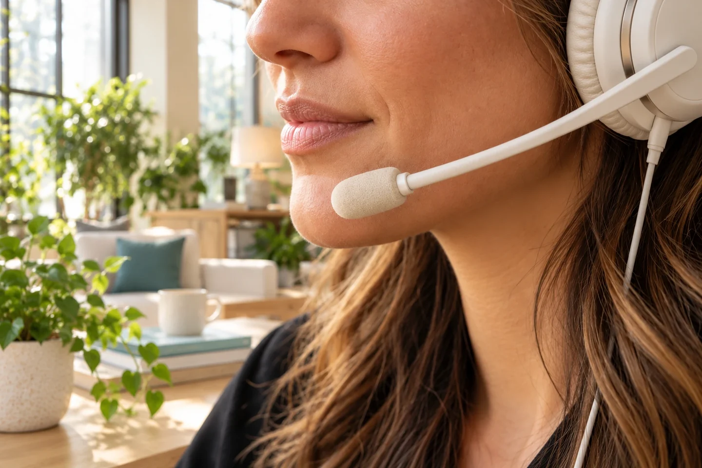 A close-up of a billing team member’s headset microphone