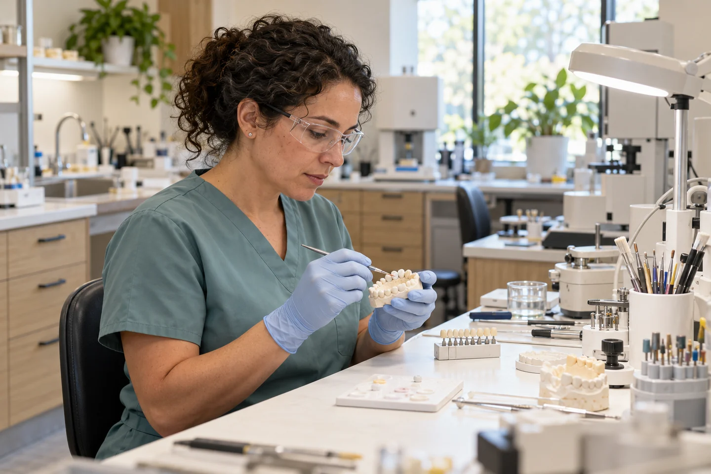 Illustrative dental laboratory technician examining a ceramic restoration on a dental model at a light-filled workbench