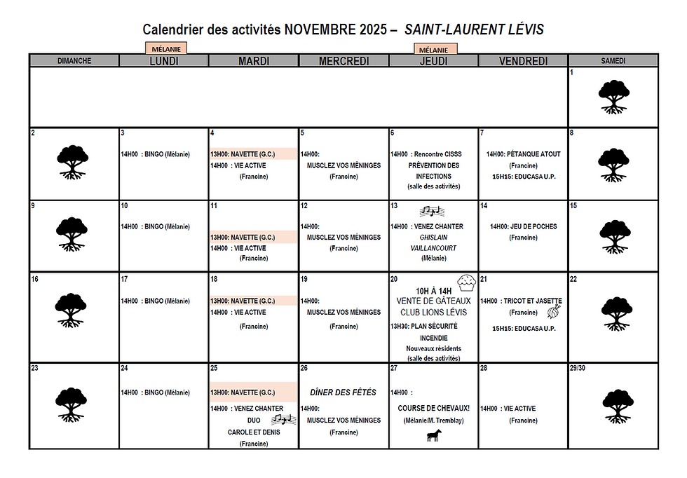 Calendrier des activités de novembre 