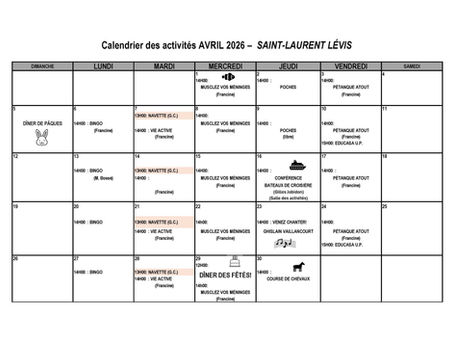 Calendrier des activités d'Avril 
