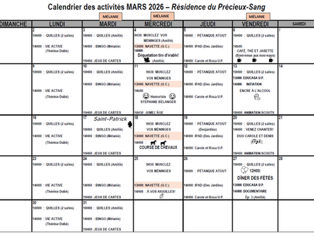 Calendrier des activités de Mars