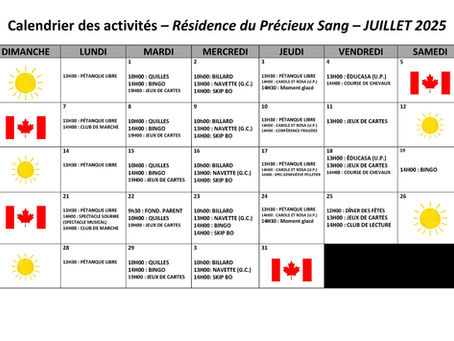 Calendrier des activités de juillet