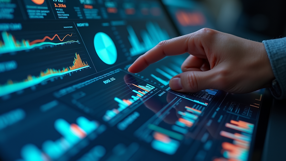 Close-up view of a futuristic AI analytics dashboard