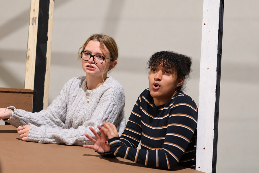 Kaylee Wood and Angely Gabriel rehearse for Dean College’s upcoming production of The Skin of Our Teeth. Photo courtesy: Ben Gilman.