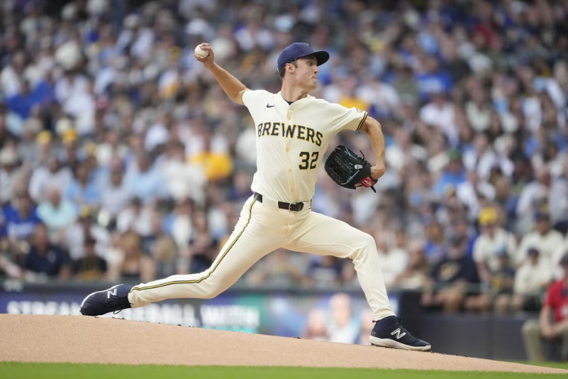 Jacob Misiorowski of the Milwaukee Brewers pitches against the Los Angeles Dodgers during the first inning at American Family Field on July 08, in Milwaukee, Wis. Photo Courtesy: Patrick McDermott / Getty Images