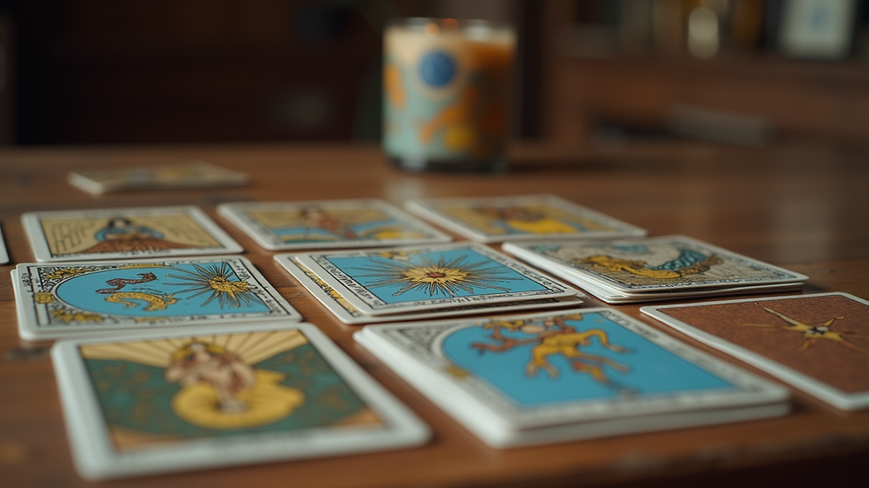Eye-level view of tarot cards laid out on a wooden table