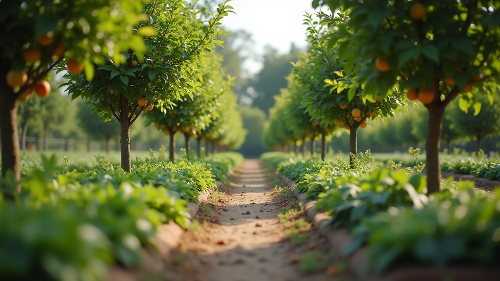 Eye-level view of a lush garden with fruit trees and vegetable beds