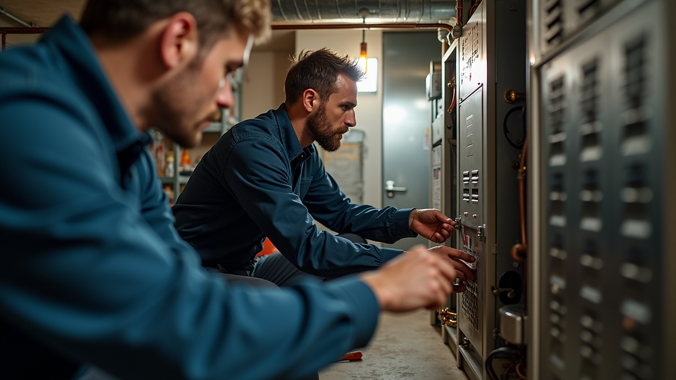 Eye-level view of a heating technician inspecting a furnace in a residential basement