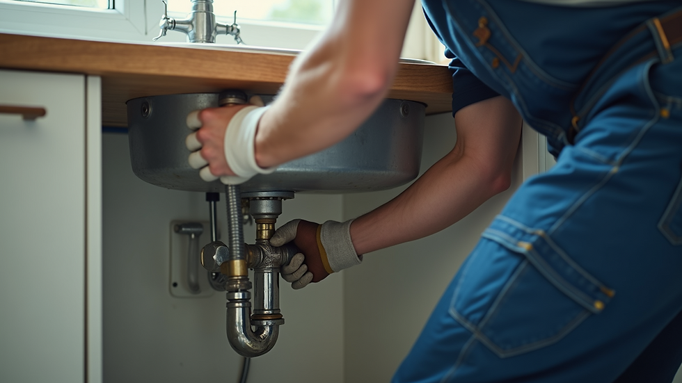 Close-up view of a plumber fixing a leaking pipe under a kitchen sink