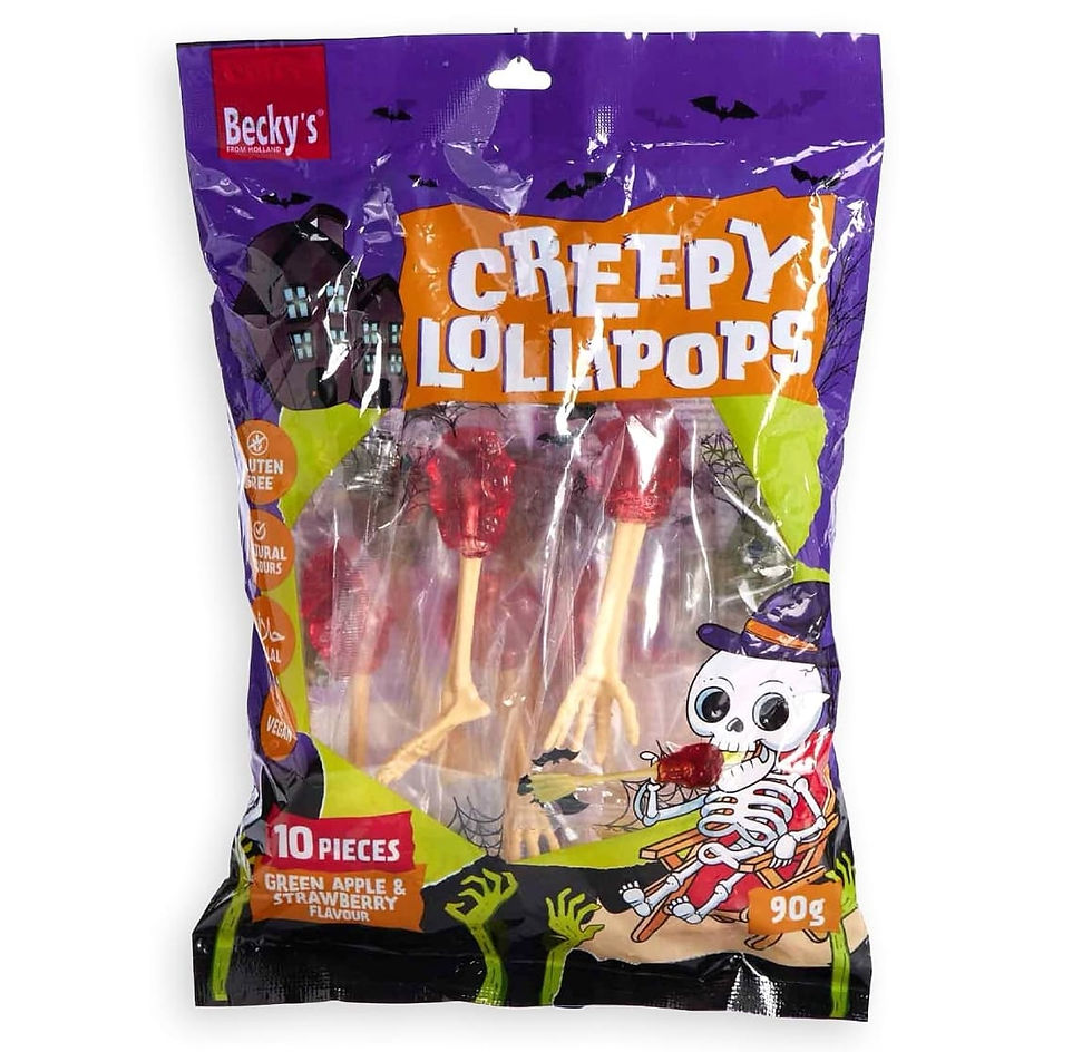 Becky's Creepy Lollipops 90g bolsa de 10 piruletas de Halloween con forma de manos esqueléticas en sabores fresa y manzana ve