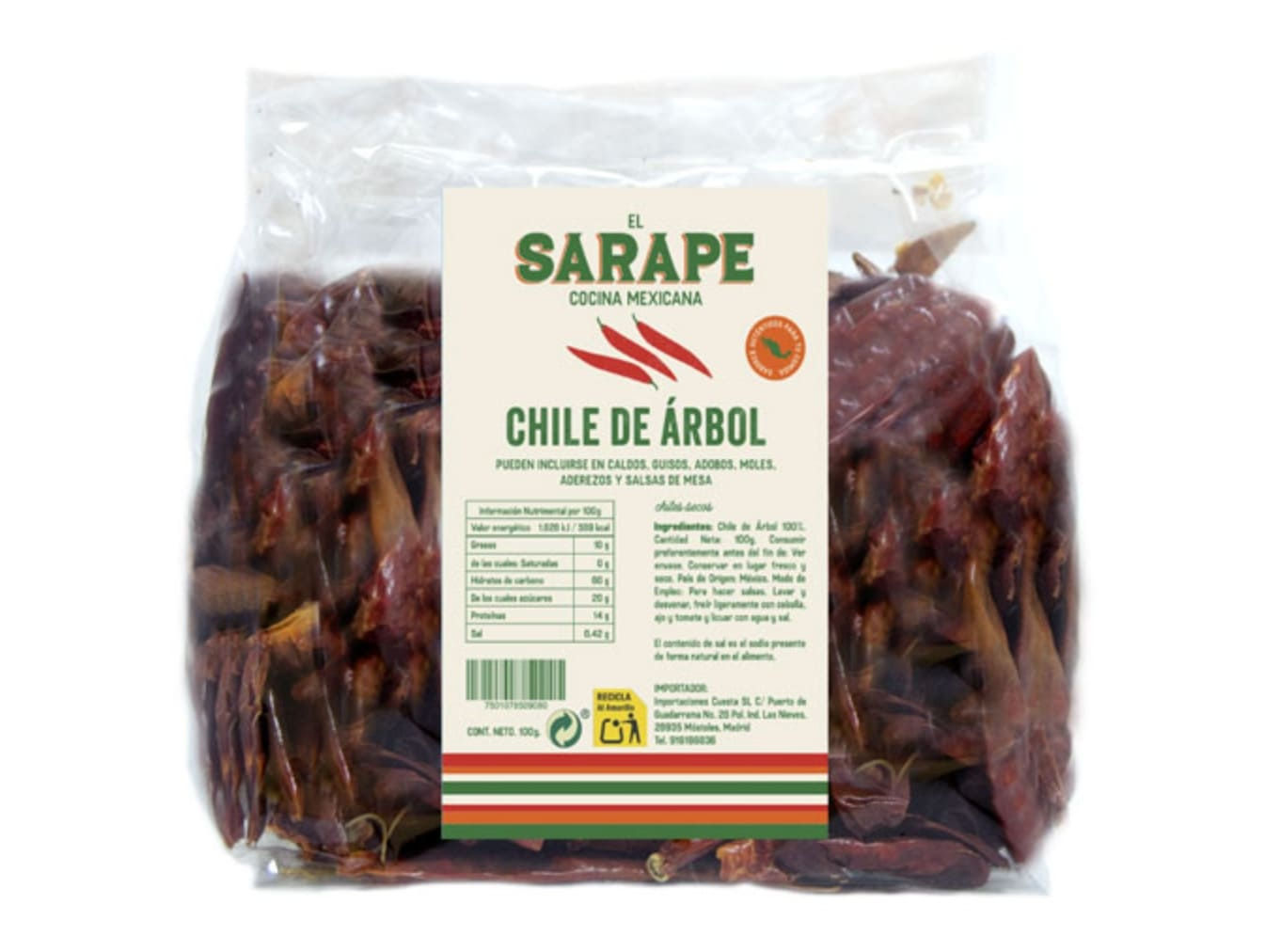 Chile de Árbol Seco El Sarape 100g chile mexicano rojo picante para salsas y adobos