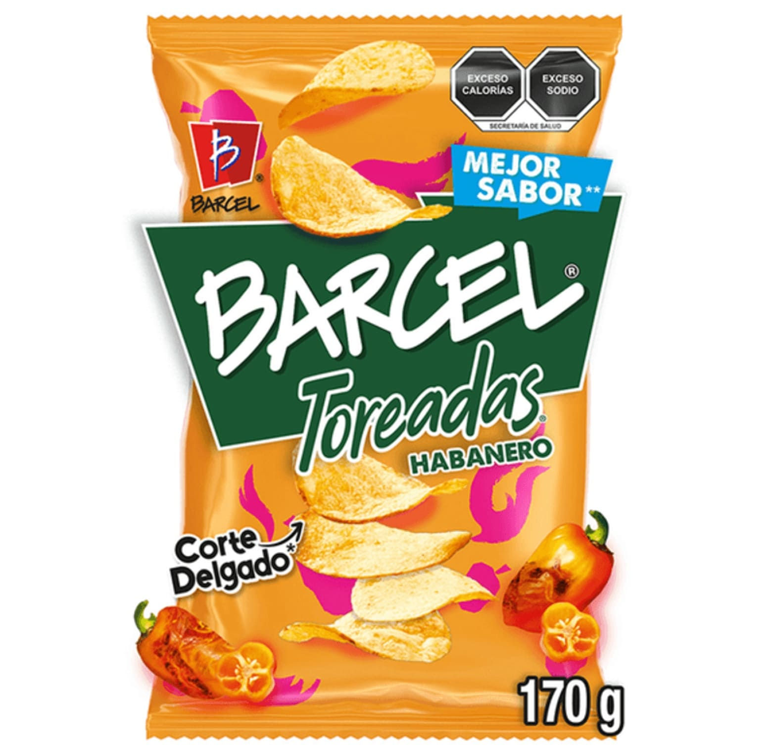 Bolsa de Barcel Toreadas Habanero 170g, patatas fritas mexicanas crujientes y picantes sabor chile habanero