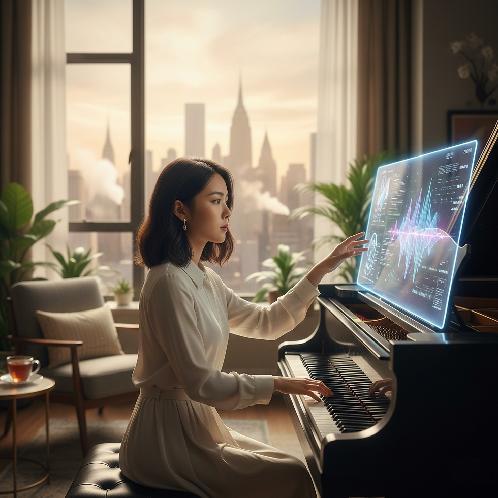 Grace, a New York-based original musician and AI-driven pianist, composing soothing piano music in her NYC studio for mental wellness.