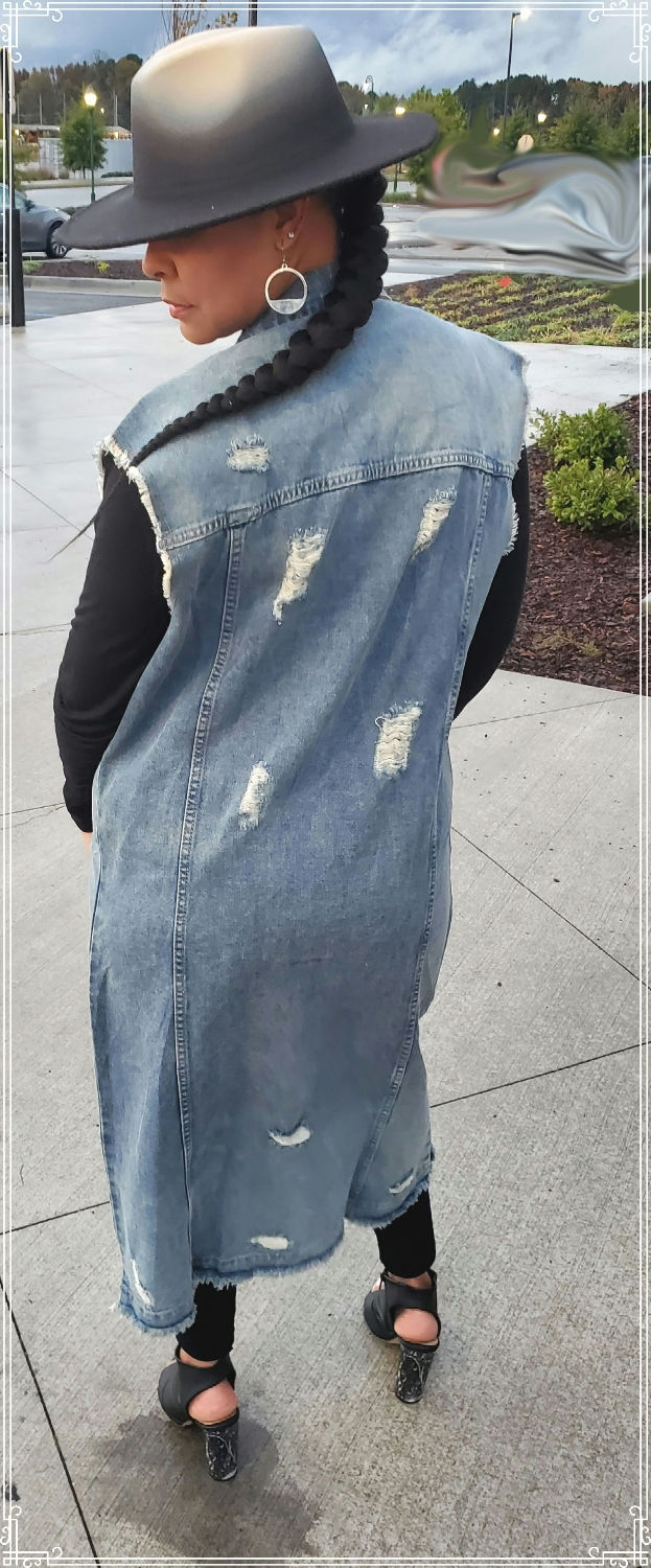 Thumbnail: Long sleeveless denim vest.