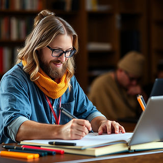 man with long hair writing on a notepad sitting in front of a laptop