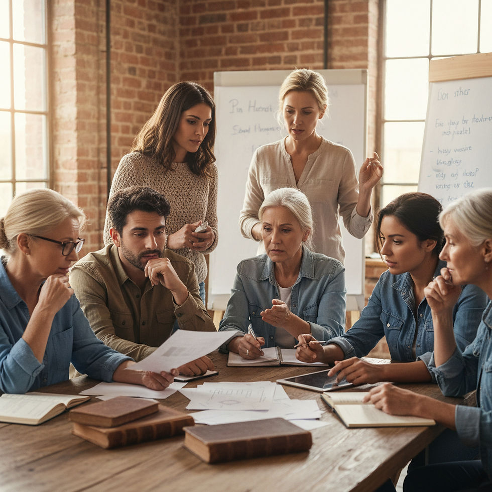 A group of multi-generational people sitting around a table discussing information they are receiving