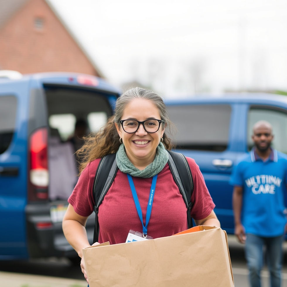 a woman with glasses carring a bag and looking happy
