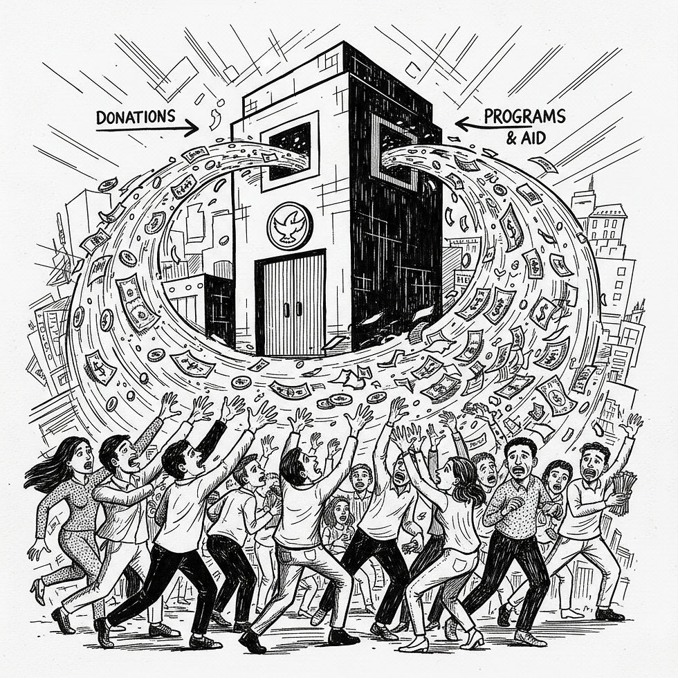 an image of money flowing into and out of an organization and people trying to catch it coming out