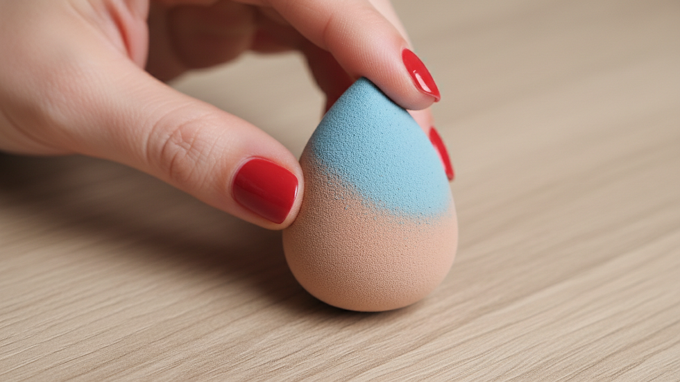 Eye-level view of a beauty sponge with a pointed tip on a wooden surface