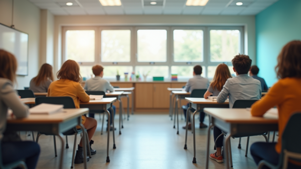 Eye-level view of a modern classroom with organized seating and learning materials