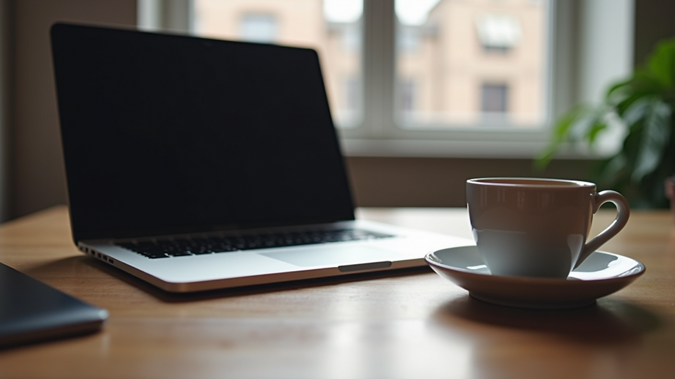 Eye-level view of a laptop on a desk with a cup of coffee
