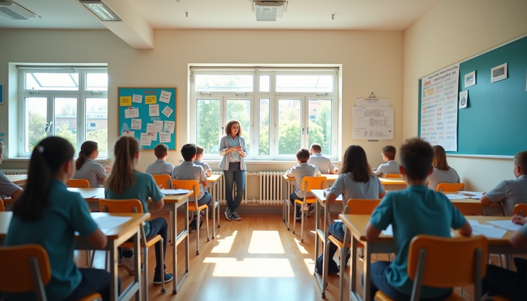 Eye-level view of a classroom with colorful language posters on the walls