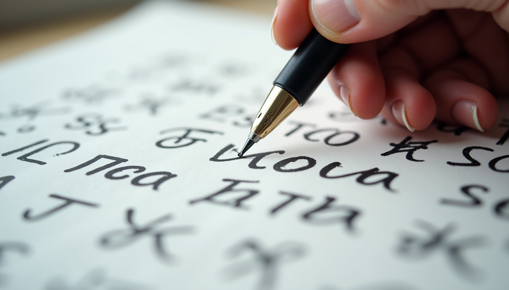 Close-up view of a notebook showing handwritten Cyrillic, Kanji, and Latin characters side by side