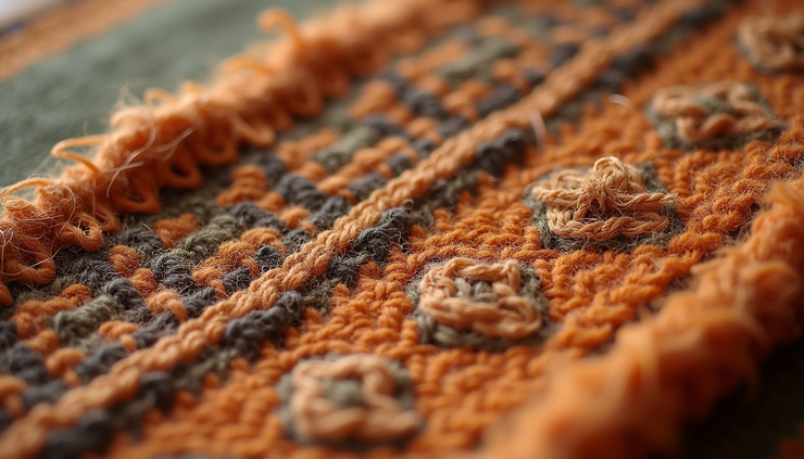 Eye-level view of a traditional woven textile with geometric patterns