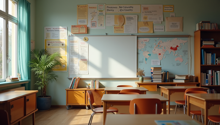 Eye-level view of a classroom corner with multilingual posters and books arranged neatly