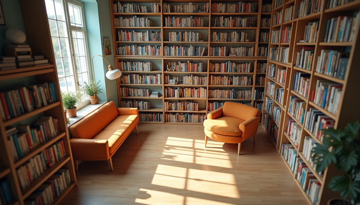 High angle view of a school library corner with bookshelves filled with books in various languages