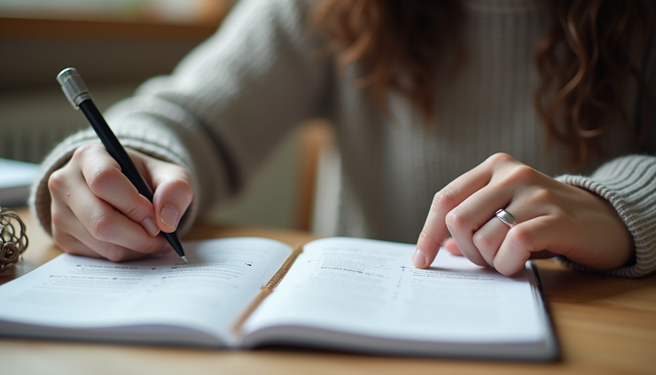 Eye-level view of a student writing notes in a notebook while switching between two language textbooks