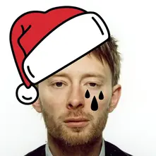 Illustrated image of a serious-looking man wearing a Santa hat, with stylised tear drops added for a humorous, melancholic effect