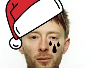 Illustrated image of a serious-looking man wearing a Santa hat, with stylised tear drops added for a humorous, melancholic effect