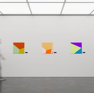 Abstract gallery wall with five colourful geometric artworks, illustrating the idea of strategic positioning and differentiation in the scaleup market.