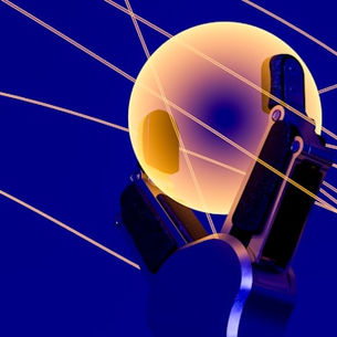 Abstract illustration of an AI humanoid head with orbiting lines, representing artificial intelligence, machine reasoning and narrative formation.