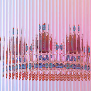Abstract vertical light patterns in pink and blue tones illustrating the concept of brand salience and the 5% in-market illusion affecting rising customer acquisition costs.