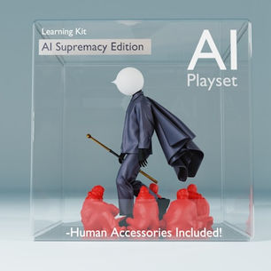 Conceptual illustration of an AI figure in a suit and cape displayed as a boxed “AI Playset,” symbolising AI supremacy, automation and the commoditisation of human labour.