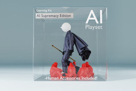 Conceptual illustration of an AI figure in a suit and cape displayed as a boxed “AI Playset,” symbolising AI supremacy, automation and the commoditisation of human labour.