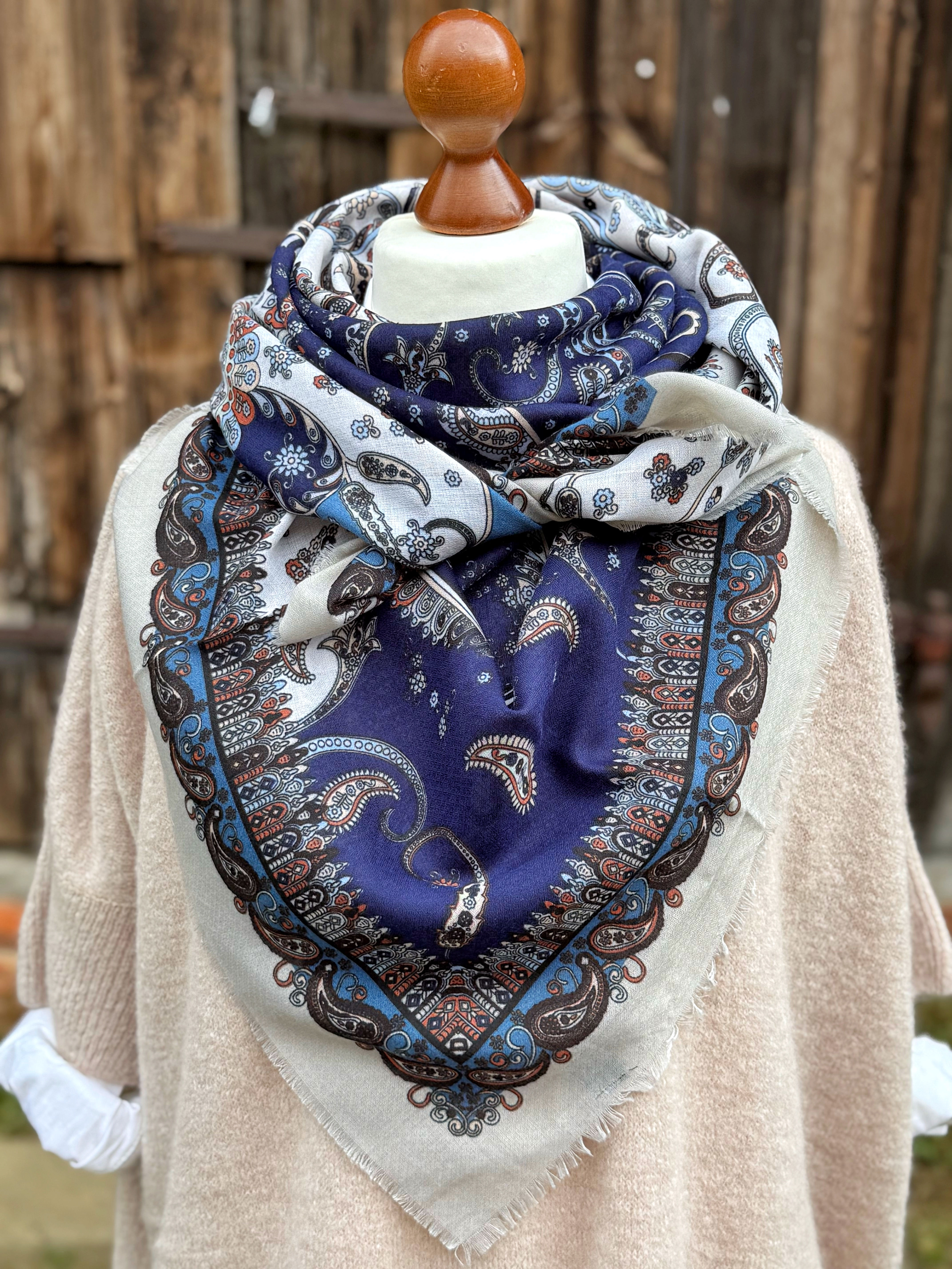 Großes Tuch - Zweifarbig Hellgrau/Blau Paisley