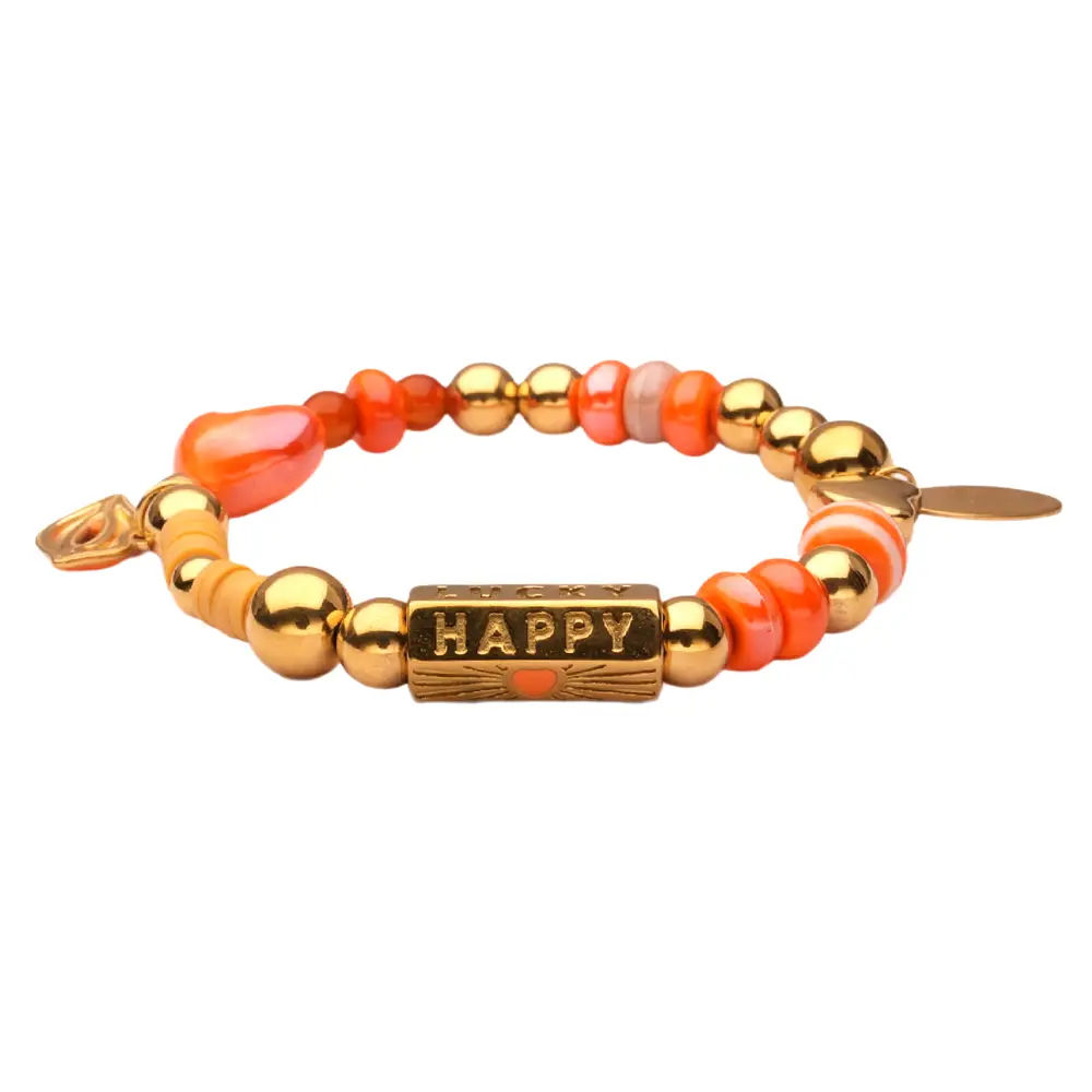 Glücks-Armband - Orange/Gold mit Glücksklee & Smiley