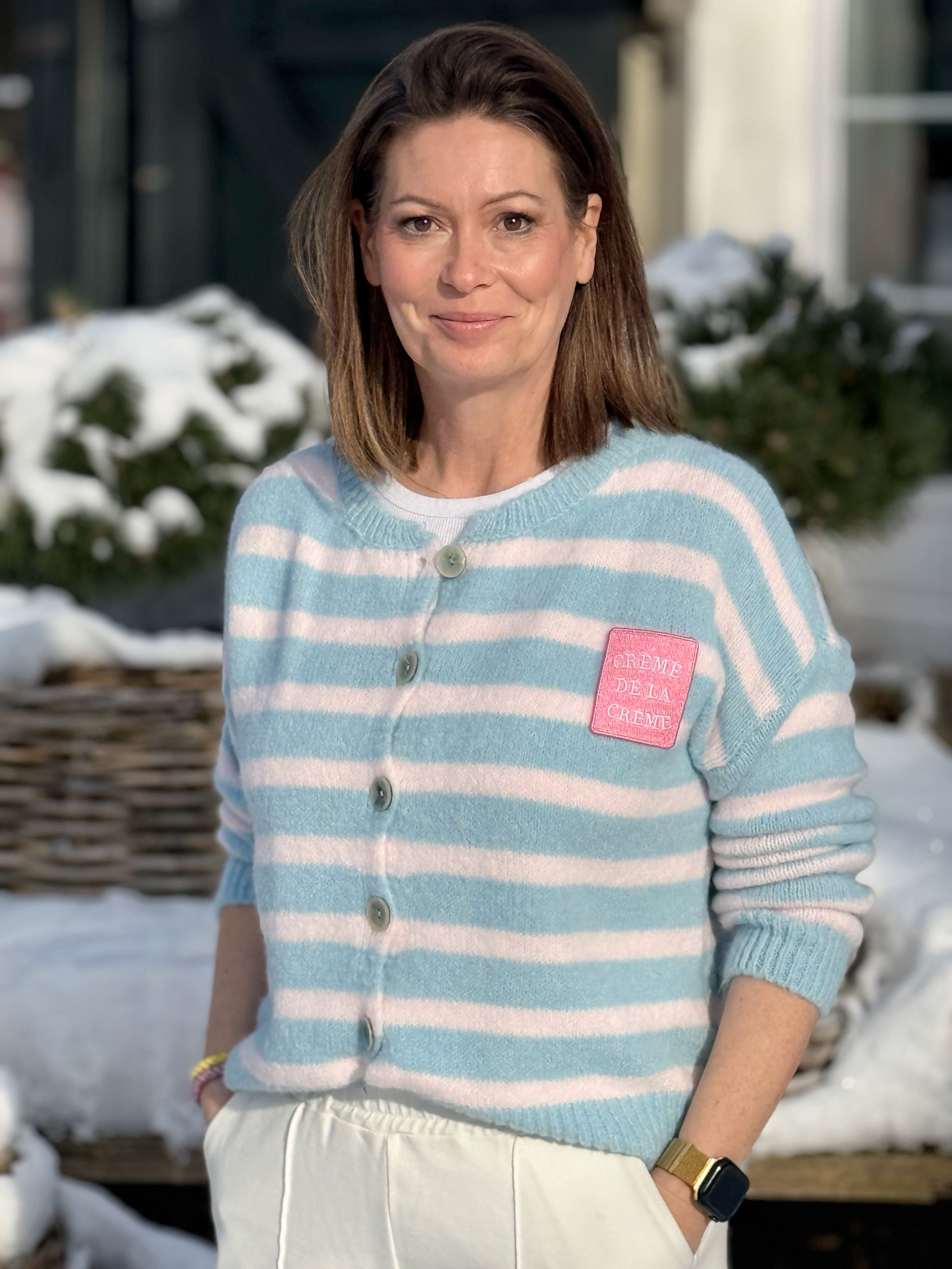 Strickjacke Hellblau-Rosa Creme de la Creme