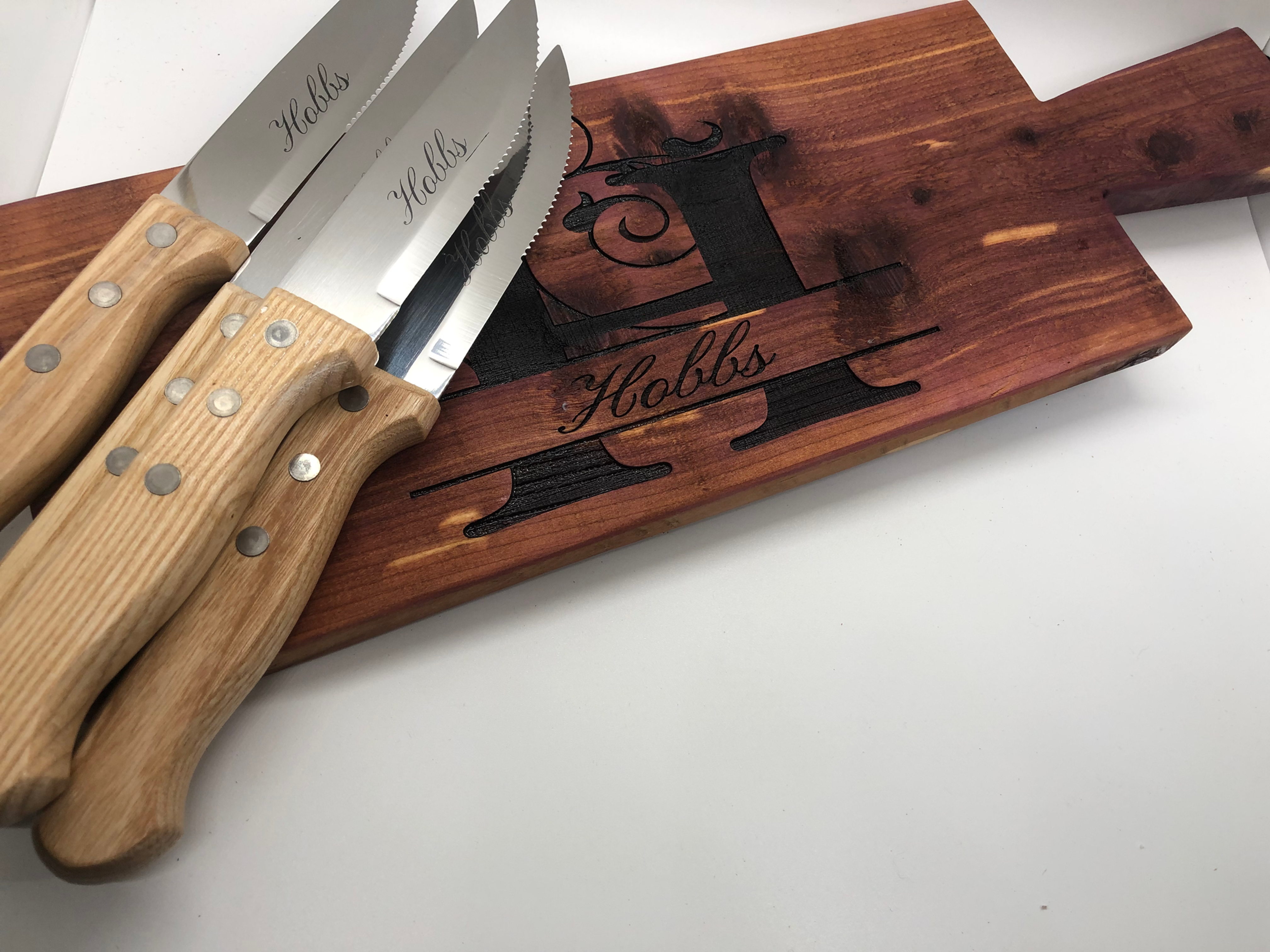 Knives and cutting board with Hobbs engraving; Wedding gift special order at Hobbs
